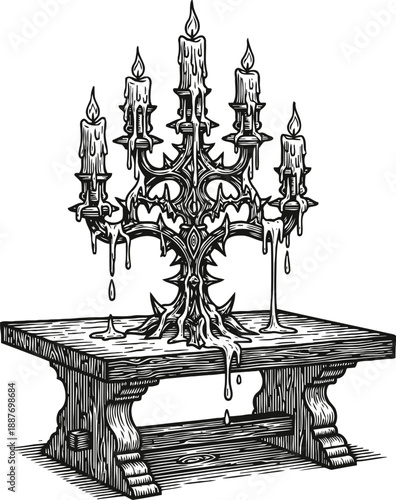 Intricate gothic candelabra with melting candles on rustic wooden table detailed black and white drawing