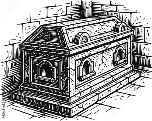 Ancient stone sarcophagus in crypt with detailed engravings and ornamental arches