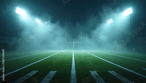 Empty american football field at night. Bright stadium lights shine through thick fog. Goalposts stand under dark sky. Dramatic atmosphere builds for game.