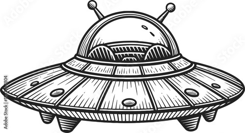 retro flying saucer, vintage ufo spaceship illustration with antennae and lights