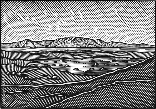 Mountain landscape with valley in vintage woodcut black and white illustration