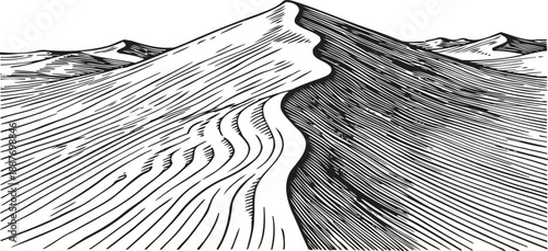 Black and white engraved mountain ridge with textured slopes and distant peaks landscape illustration