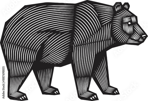 Stylized bear illustration with linear woodcut engraving pattern in black and white design