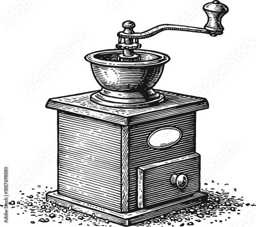Vintage manual coffee grinder with handle and drawer, rustic kitchen appliance engraved illustration