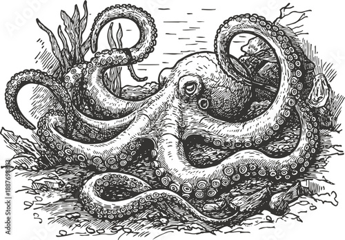 Intricate octopus illustration with curled tentacles and detailed underwater texture
