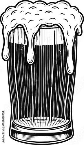 Hand drawn beer glass with frothy foam overflowing, vintage retro illustration of cold dark beer