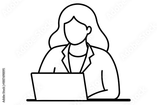 line art Female entrepreneur working on laptop silhouette vector illustration, isolated on white background