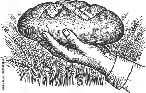 hand holding freshly baked bread loaf with wheat field background detailed vintage engraving