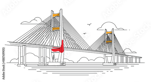 Detailed architectural line drawing of a large modern cable stayed bridge stretching across a body of water in black ink.