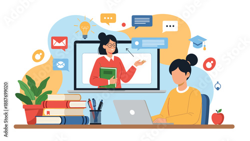 Student attending an online class on a laptop at home with various educational symbols and stacks of books on the desk.