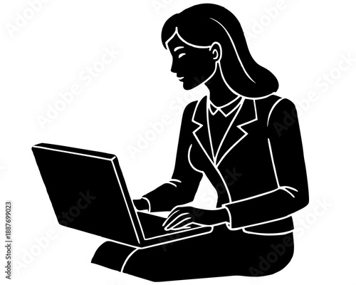 Empowered Female Professional Working on Laptop Silhouette Vector, Business and Productivity Concept