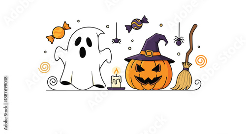 Fun halloween banner featuring a cartoon ghost a jack o lantern a witchs broomstick and many scattered colorful candies.