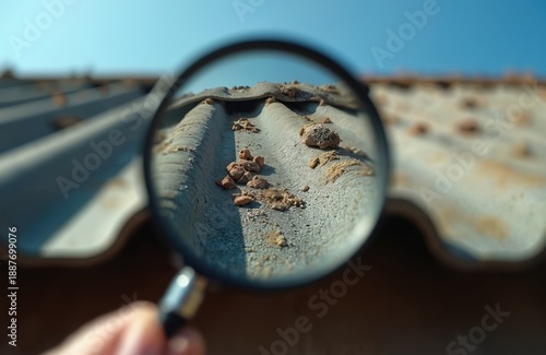 Magnified view of old asbestos roof material. Small debris and dust particles are visible on wavy sheets. Clear blue sky backdrop. Focus on hazardous building substance.
