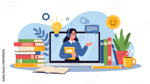 E-learning concept illustration with a teacher on a laptop screen surrounded by books a coffee cup and a plant.