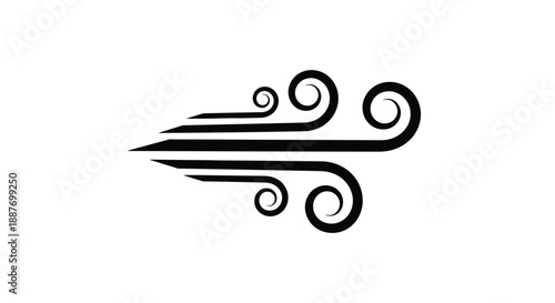 Minimalist black and white graphic symbol representing a gust of wind with flowing lines and many spiral swirls for weather.