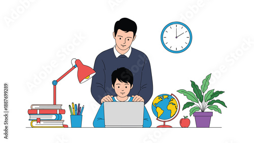 Caring father standing behind his young son helping him with his schoolwork on a laptop at a study desk in their home.