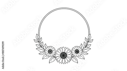 Circular floral frame design in black and white line art featuring a cluster of sunflowers and leafy branches.