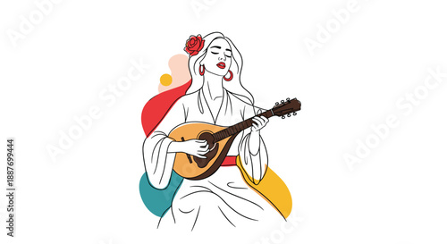 Artistic line drawing of a beautiful woman playing a traditional stringed instrument with colorful abstract shapes behind her.