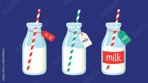 Three glass milk bottles with festive red and green striped straws and gift tags isolated on a dark blue background.