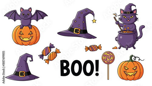 Collection of cute Halloween clip art icons featuring bats, pumpkins, witch hats, a black cat, candies, and a lollipop.