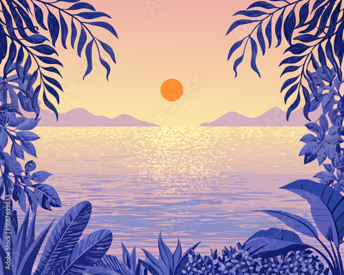 Tropical sunset over calm water framed by lush foliage