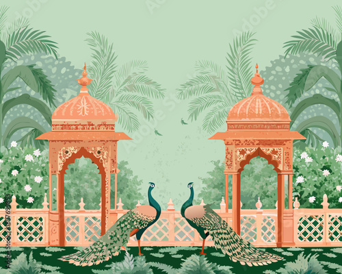 Indian architecture with peacocks in a lush symmetrical garden setting