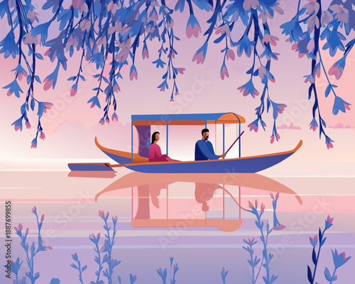 Couple enjoying a serene boat ride under blossoming branches at sunset
