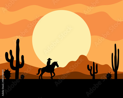 Desert silhouette cowboy riding horse under a large setting sun