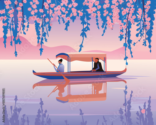 Serene boat ride beneath blossoming wisteria with a calming pink and blue palette