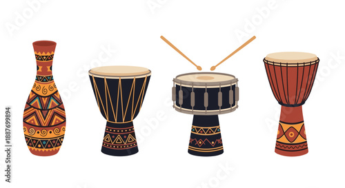 Set of four djembe drums and a decorative vase with traditional patterns and motifs isolated on a plain white background.