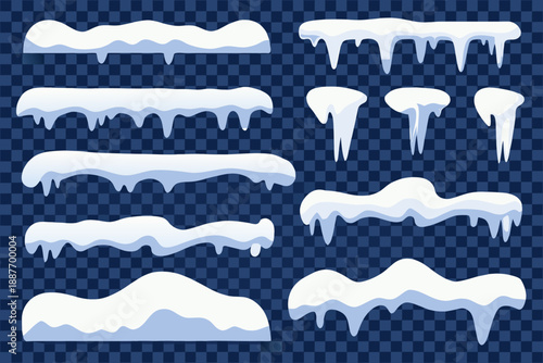Variety of cartoon snow drifts icicles and snow piles on transparent background