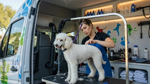 Mobile pet grooming in action: professional groomer tending to a dog with care