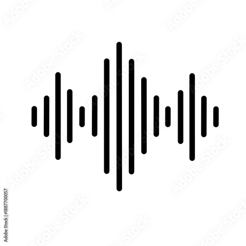 Digital audio signal icon featuring black vertical sound waves. Minimalist vector illustration for music production, voice recording, frequency visualization, and radio broadcast concepts.