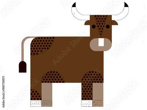 Stylized illustration of a brown and white spotted bull with large horns