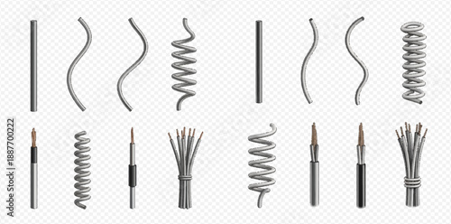 Set of realistic electric wires, cables, and copper cords for power and data transmission.