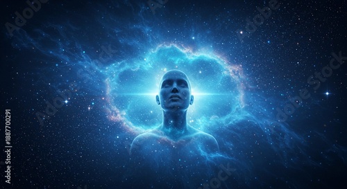 Serene blue human figure radiating cosmic energy in starry space