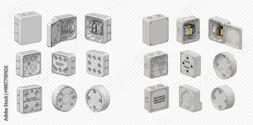 Set of various electrical junction boxes, showcasing different shapes, sizes, and configurations for wiring connections and protection in electrical installations.