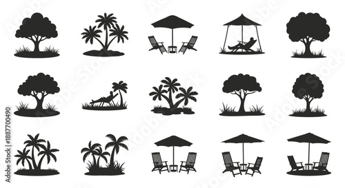 Collection of black silhouette tropical trees and beach furniture icons