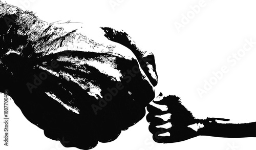 Fist bump vector illustration of adult and child hands in black and white silhouette showing connection and support