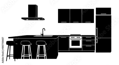 Modern Kitchen Silhouette with Island and Appliances.