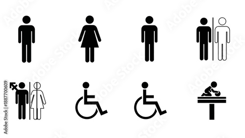 Collection of restroom signs for men women disabled and baby changing.