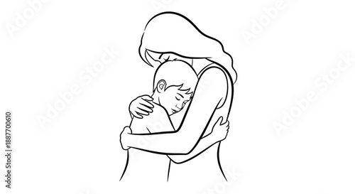 Mother hugging her child tenderly in a simple line drawing illustration.