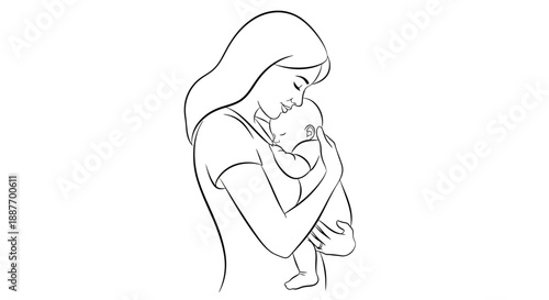 Mother holding her newborn baby in a tender embrace line art illustration.