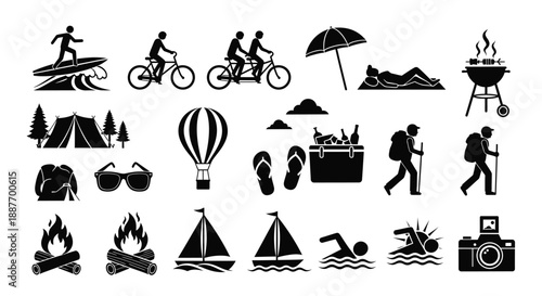 Collection of outdoor activity icons for travel and leisure