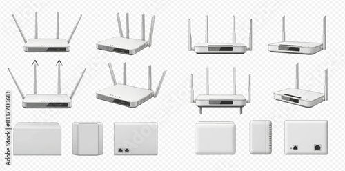 Wireless Wi-Fi router internet connection devices with multiple antennas for home and office network.