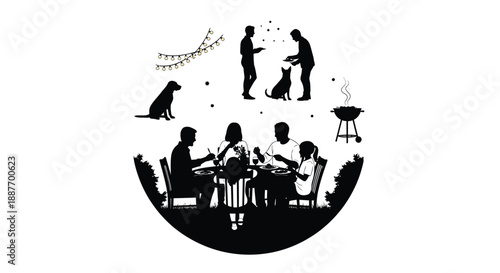 Family gathering with dog and barbecue in the garden