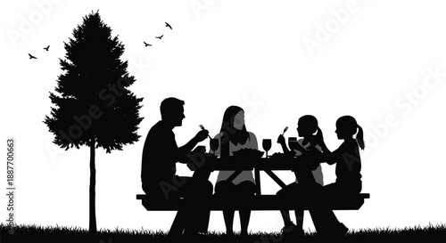 Family enjoying meal together at picnic table under tree