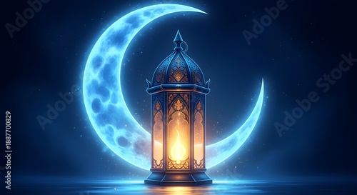 Glowing lantern under crescent moon in dark night sky with soft blue light