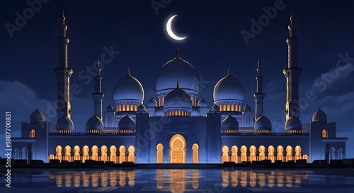 A serene nighttime view of a majestic mosque under the crescent moon