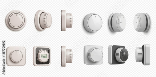 Set of modern home thermostats and temperature regulators for climate control systems.